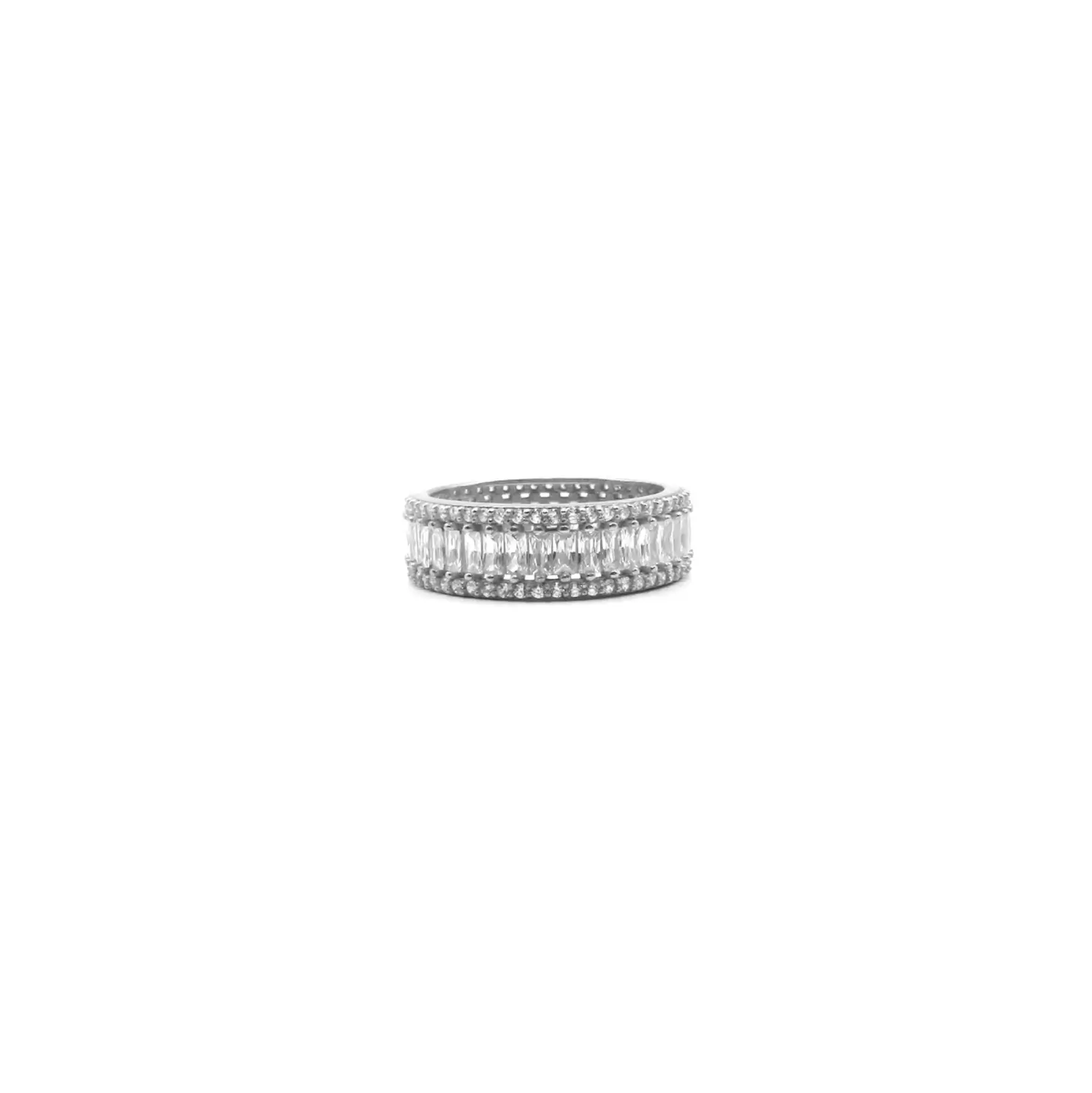 925 silver ring. Full eternity band with channel-set baguette stones, bordered by pavé detailing