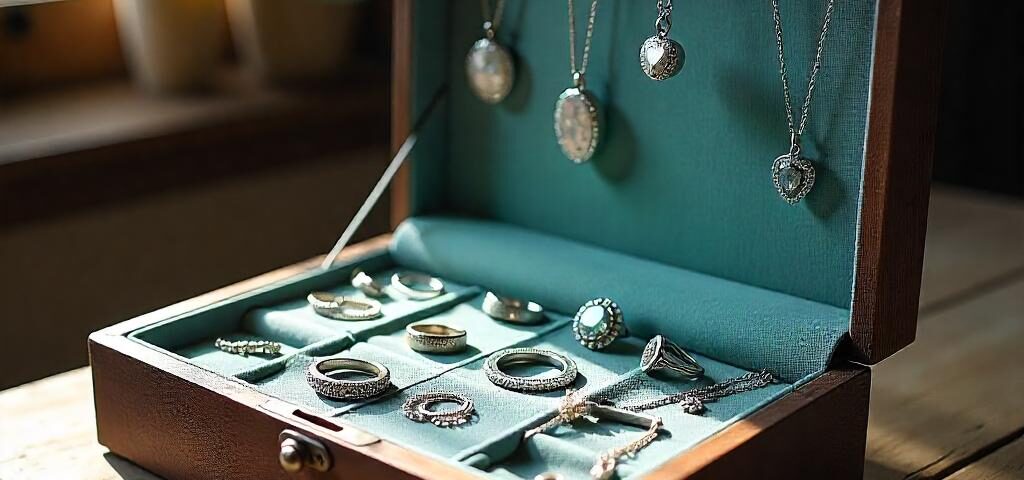 Silver Jewllery box showing both minimalist style and statement style pieces