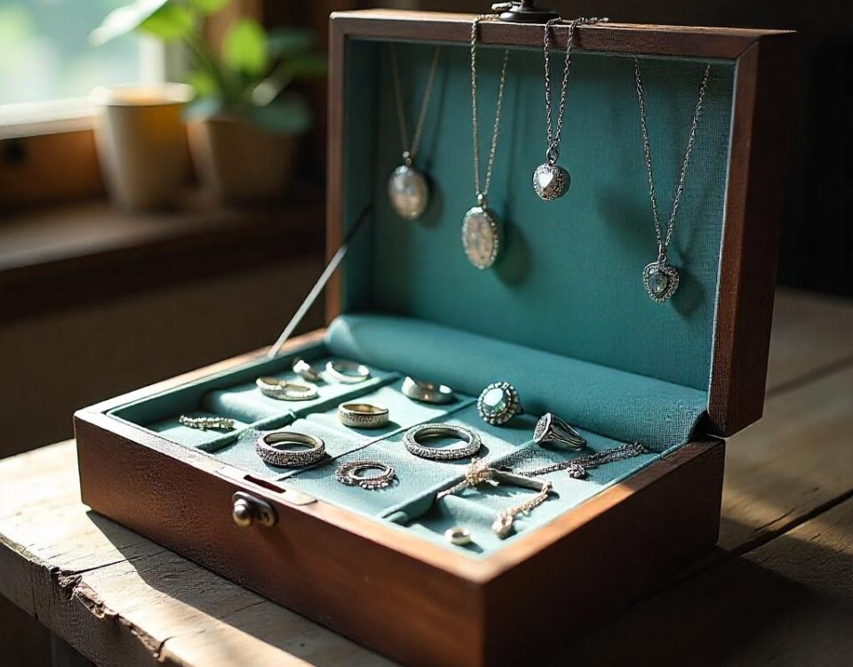 Silver Jewllery box showing both minimalist style and statement style pieces