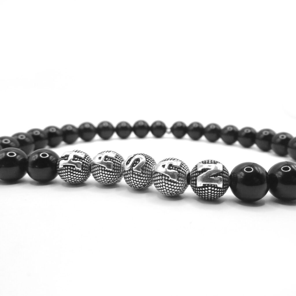 Personalized Onyx prayer beads with silver letter beads, custom engraved for the recipient, handcrafted by Elements Silver and More. for men silver set