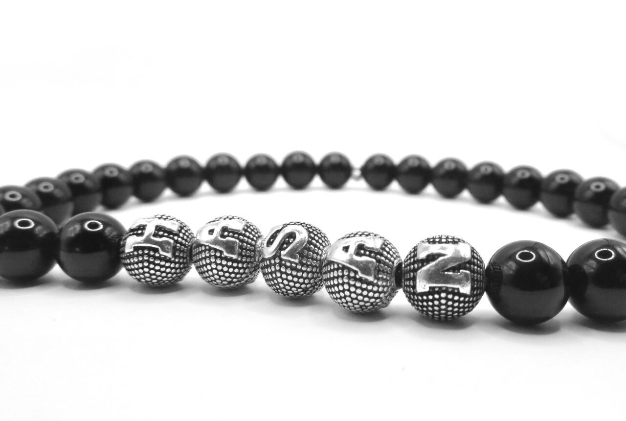 Personalized Onyx prayer beads with silver letter beads, custom engraved for the recipient, handcrafted by Elements Silver and More. for men silver set