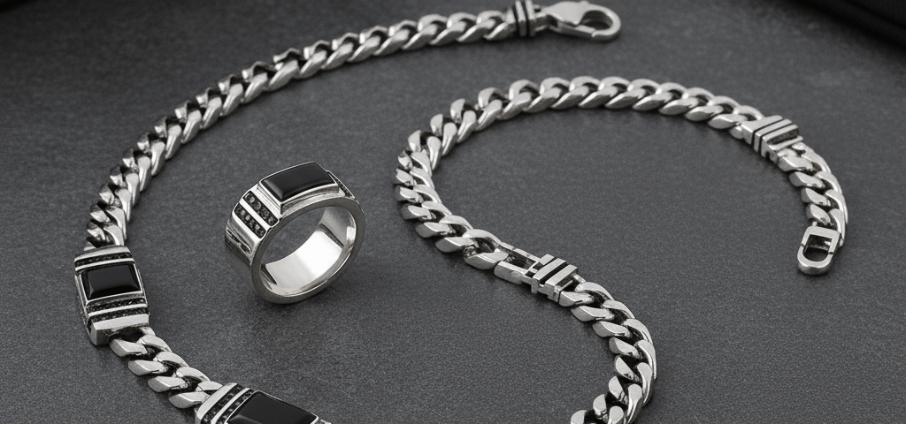 A matching silver ring and chain for a men set