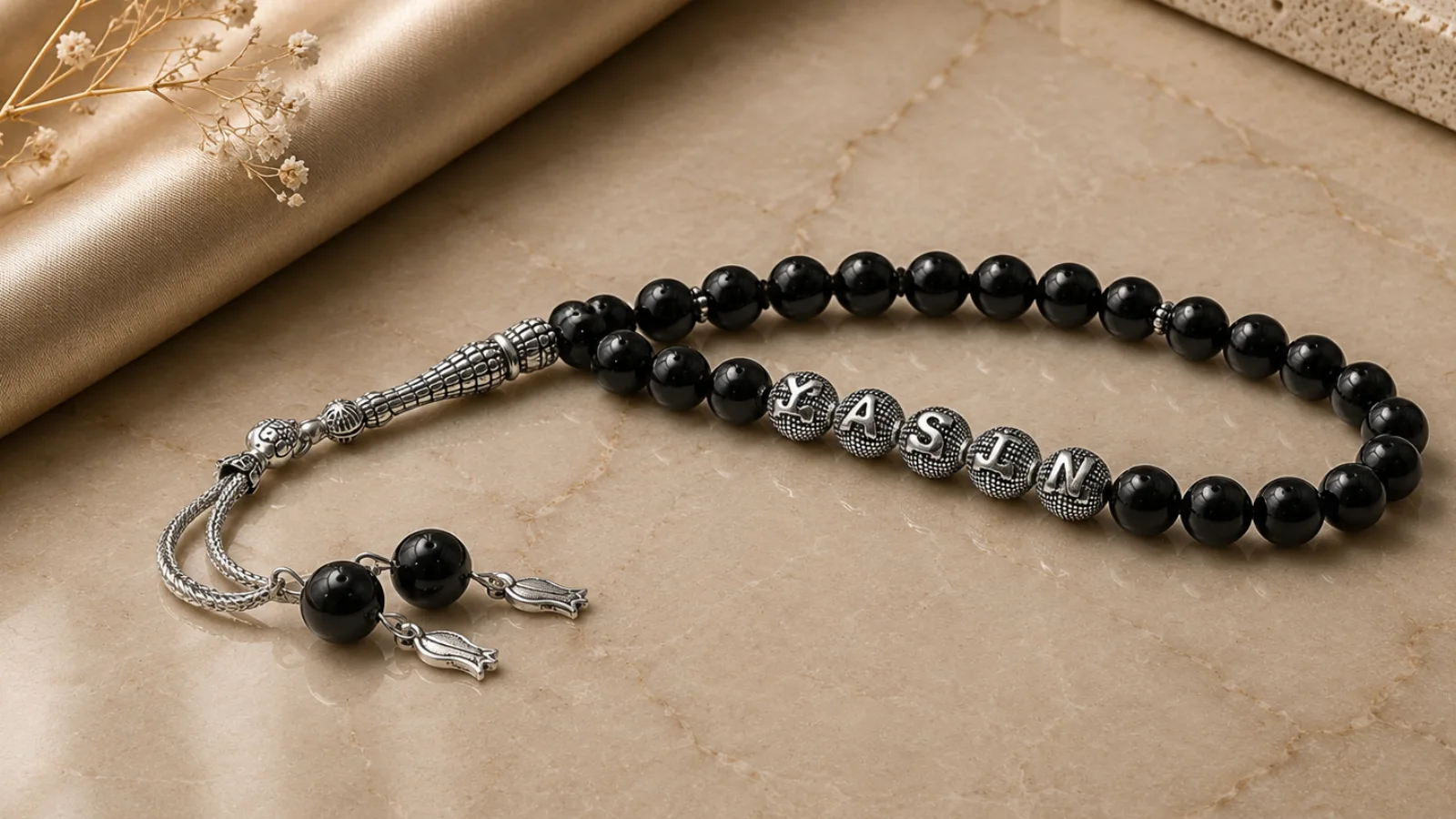 Custom name rosary gift with personalized silver beads by Elements Winkel