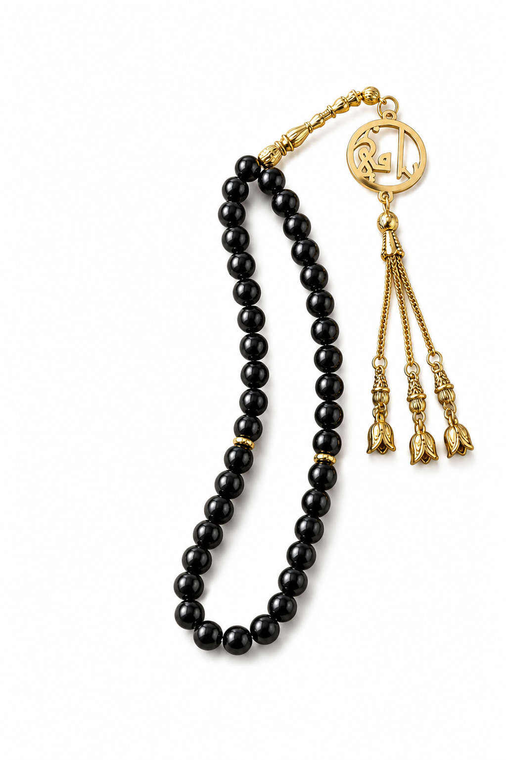 Halo Personalized Black Onyx Rosary featuring genuine 8mm black onyx beads and a custom gold-tone cutout name pendant